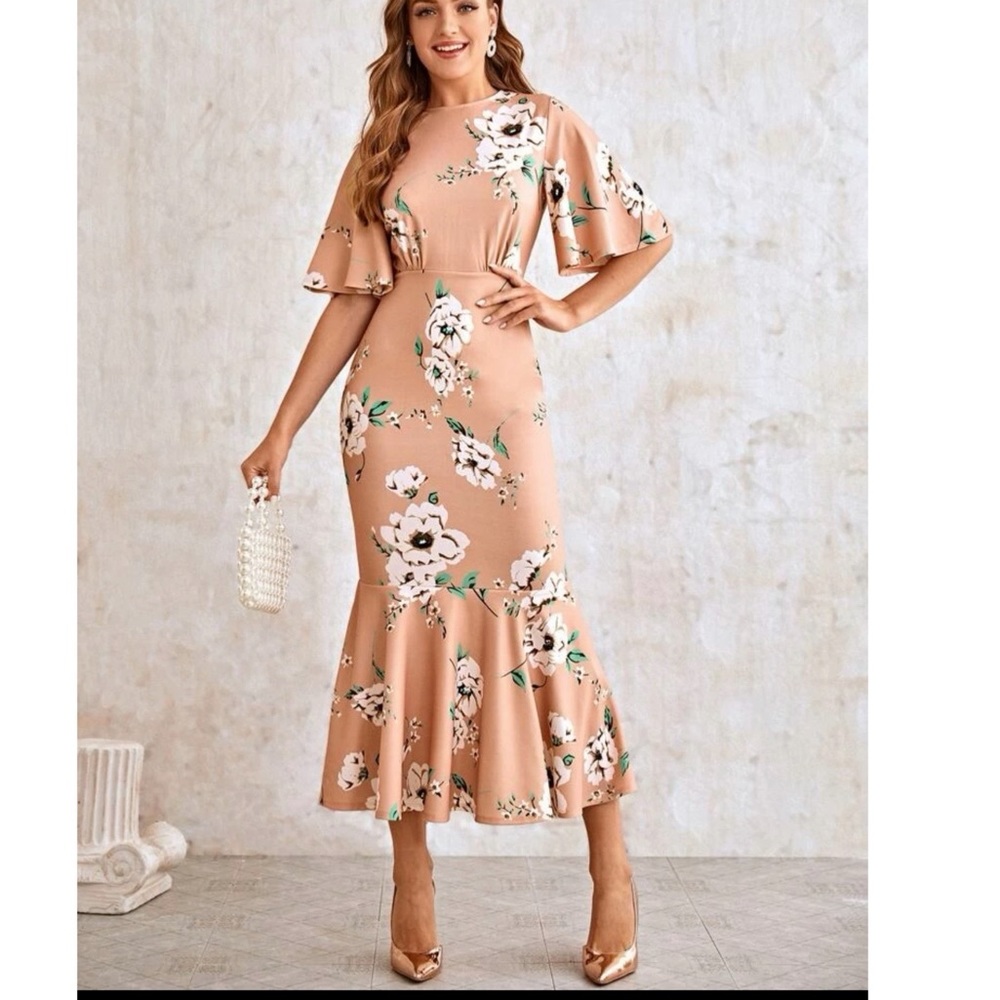 Flutter sleeve fishtail floral dress